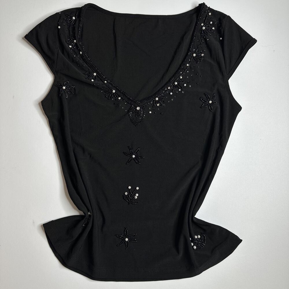 Y2K Whimsigoth Black Beaded Top Medium Vintage Pearl Embellished Fairycore Goth - Picture 3 of 12
